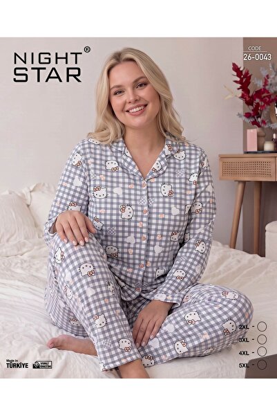 Night Star Nova Hello Kitty’li Süpersoft Düğmeli Büyük Beden Pijama Takımı