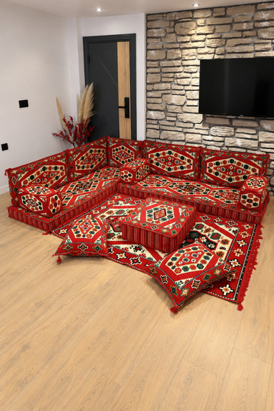 FEYZA DECOR HOME Otantik Yörük Desen Şark Köşesi – 13 Parça Süngerli Sedir, K...