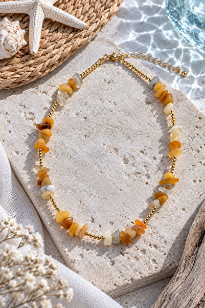 Sylvera Shop Natural Stone Look Cracked Beaded Orange Bohemian Necklace (Gold...