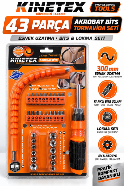 ellante 43 Parça Akrobat Bits Tornavida Seti 300 mm Esnek Uzatmalı Lokma ve U...