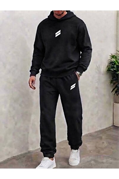 LELVANİ Men's Street Style 2-Piece Stripe Printed Top and Bottom Hooded Track...