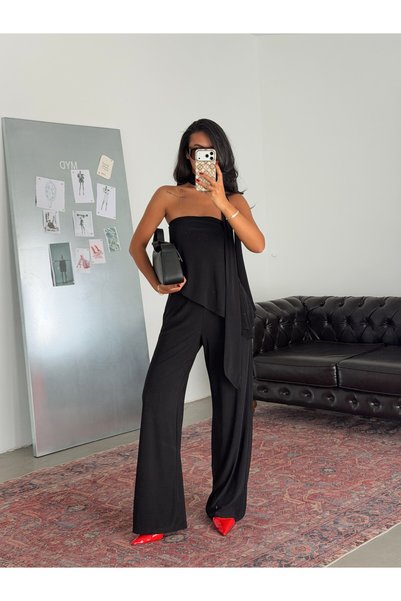 myd طقم بأرجل واسعة مع تفاصيل وشاح - أسود