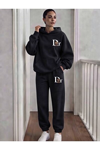 LELVANİ Unisex Bear Dr Text Printed Top and Bottom Hooded Tracksuit Set
