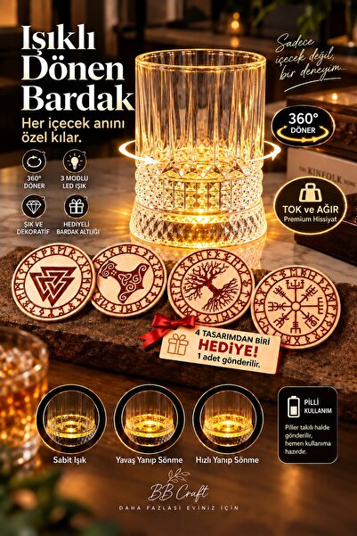 BB Craft Işıklı Dönen Bardak 360° LED Dekoratif Kristal Görünümlü Bardak Prem...