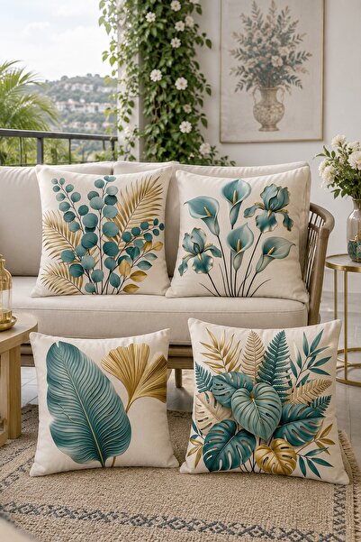 EVPANYA Gold Green Amazon Leaves Patterned 4-Piece Throw Pillow Cover Set