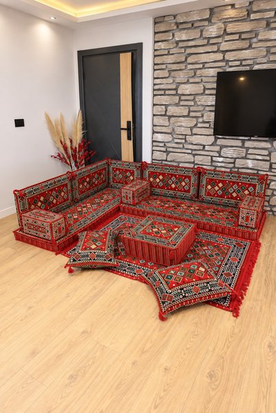 FEYZA DECOR HOME Otantik Şili Desen Şark Köşesi – 13 Parça Süngerli Sedir, Ki...