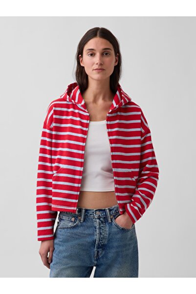 GAP Kadın Kırmızı Havlu Terry Oversized Çizgili Fermuarlı Sweatshirt