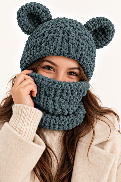 NEHOLİA Women's Young Girls Puffy Balaklava with Ears Knitted Hood Neck Colla...