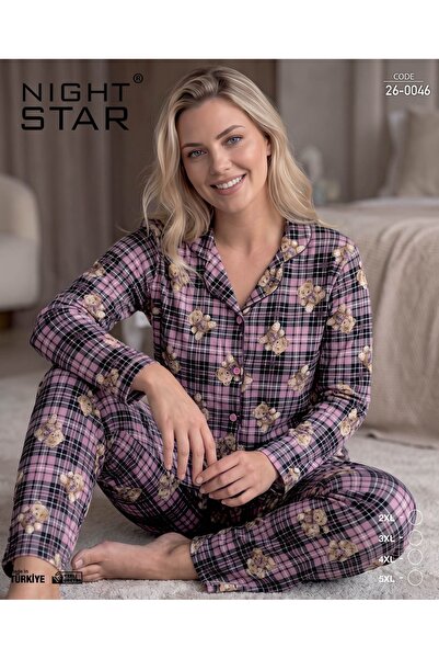 Night Star Nova Ayıcıklı Süpersoft Düğmeli Büyük Beden Pijama Takımı