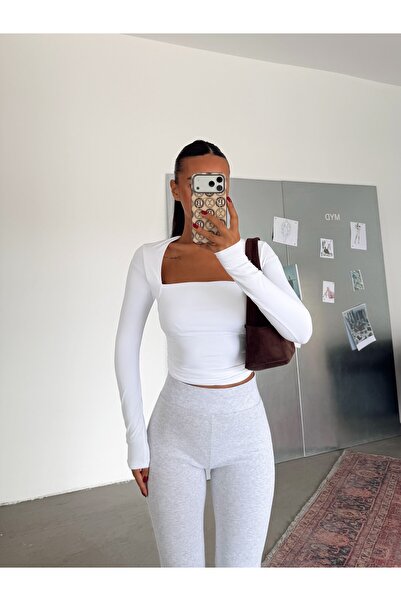 myd Square Neck Gathered Long Sleeve Blouse - White