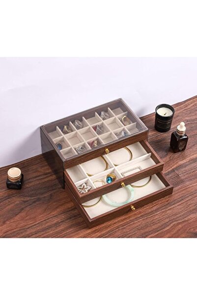 Generic 3-Tier Wooden Jewelry Box with Acrylic Cover, Walnut Color Dustproof ...