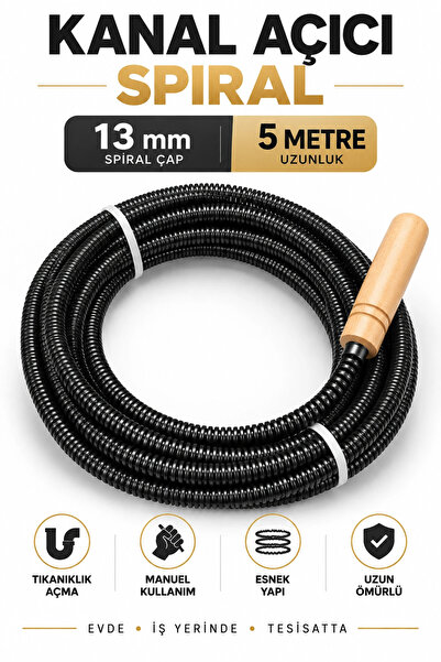 13 mm × 5 Metre Kanal Açıcı Spiral – Manuel Gider Açma Susta Teli, Uzun Erişim Kalın Susta
