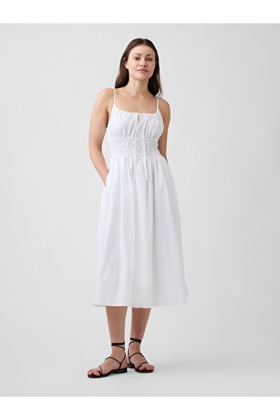 GAP Kadın Beyaz Smocked Tie-Front Midi Elbise