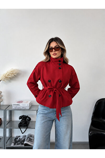 MERİDE Kadın Dik Yaka Kuşaklı Trençkot-5057-S - Kırmızı