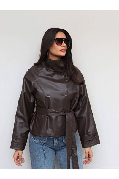 unika boutique Kadın Kruvaze Düğmeli Kısa Suni Deri Ceket