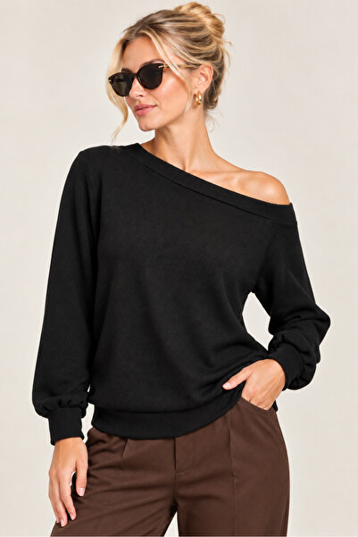 IŞILTI Women's Asymmetrical Collar Long Sleeve Off Shoulder Relaxed Fit Cotto...