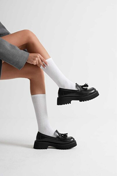 She Women's Daily Black Tasseled Thick-Sole Oxford Loafer Shoes