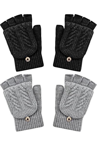 Tazweeq 2 Pairs Winter Fingerless Gloves Mittens for Women Men, Warm Wool Kni...