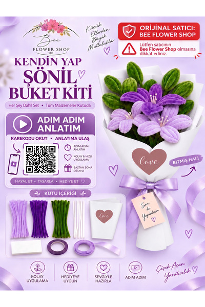 Bee Flower Shop Lila Mor Lilyum Şönil Çiçek Buket Yapım Kiti – 65 Şönil – Her...