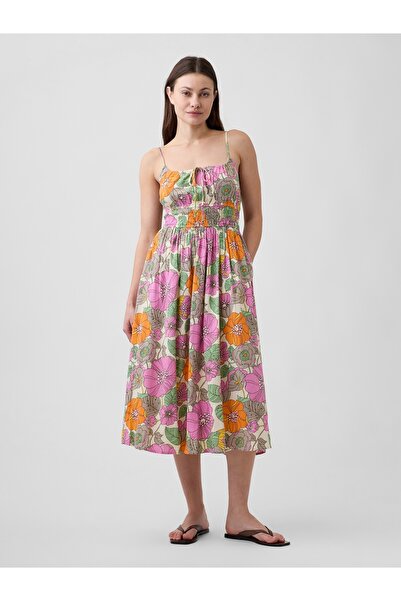 GAP Kadın Çok Renkli Smocked Tie-Front Midi Elbise