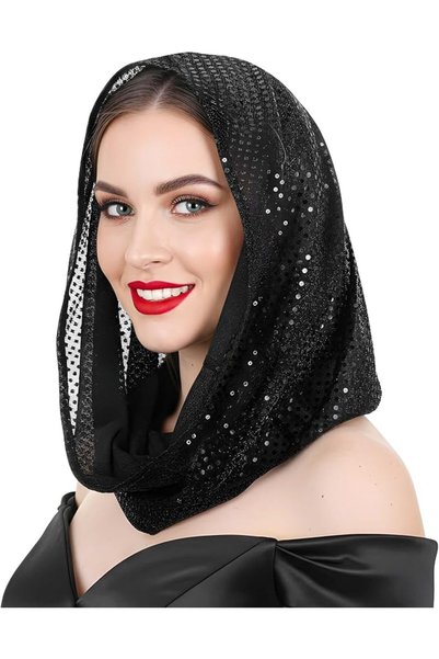 KASTWAVE غطاء رأس أسود لامع بالترتر للجنسين |   وشاح رأس للمهرجانات على طراز ...