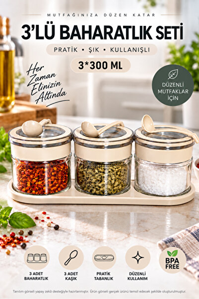 OpenCity 3'lü Baharatlık Seti 3x300 ml Cam Kavanoz Kaşıklı Şeffaf Kapaklı Düz...