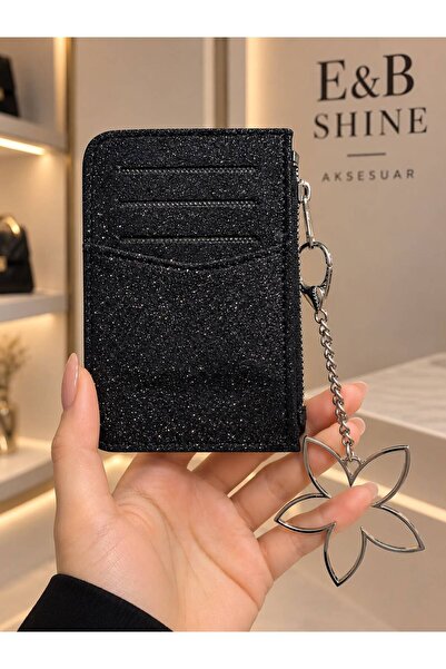 BAGS حامل بطاقات بسحاب مزين بزهرة سوداء لامعة، إكسسوار نسائي أنيق للاستخدام ا...