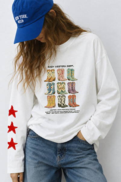Eazy Co EAZY Unisex Oversize Uzun Kollu Tişört %100 Pamuk Ekru Western Dept. ...