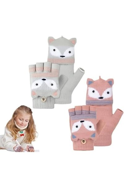 GENERAL 2 Pairs Kids Cartoon Fingerless Gloves, Convertible Flip Top Half Fin...