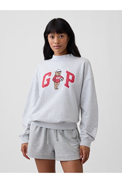 GAP Kadın Açık Gri Fransız Havlu Kumaş Brannan Bear Logo Sweatshirt