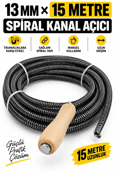 13 mm x 15 Metre Spiral Kanal Açıcı – Ahşap Saplı Manuel Gider Açma Teli, Uzun Erişimli Tesisat Spir