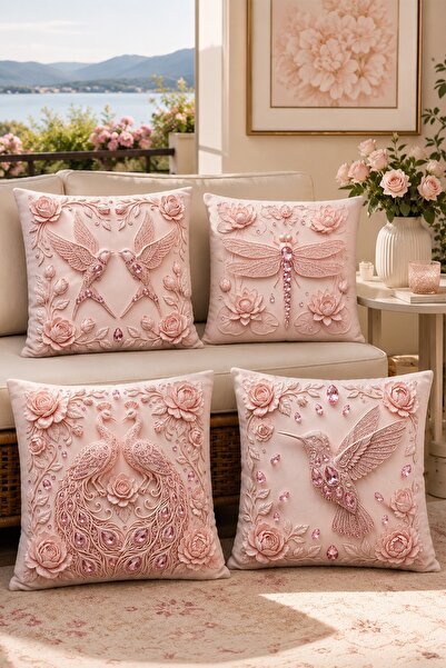 EVPANYA Pink Fluffy Rose Animals Patterned 4-Piece Throw Pillow Cover Set