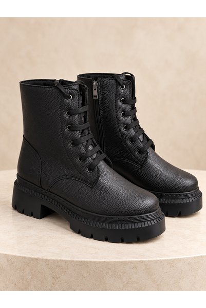 ODESSO Women's Black Lace-Up and Zippered Thick Sole Textured Boots Winter Boots