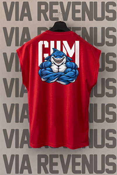 Vordevia Tricou sport Gym Fitness Shark cu imprimeu pe spate, fără mâneci, cu...