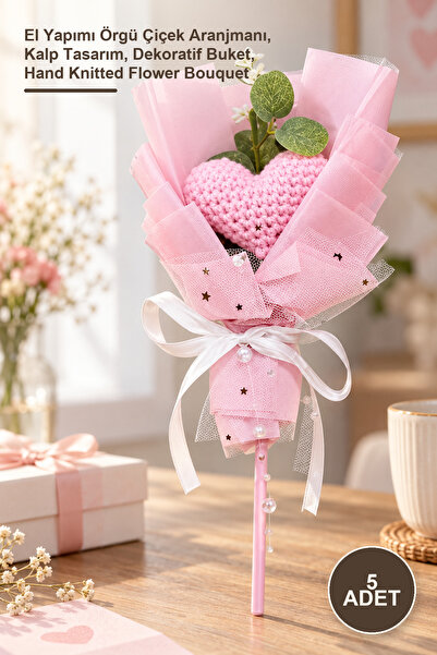 5 Adet El Örgüsü Kalp Çiçeği Buketi – El Yapımı Örgü Çiçek Aranjmanı, Kalp Tasarım, Dekoratif Buket, Hand Knitted Flower Bouquet