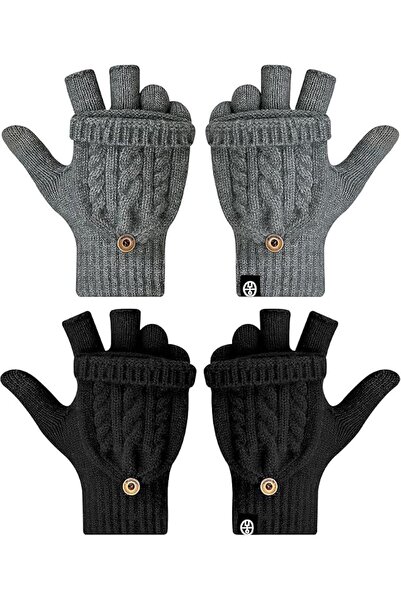 Tazweeq Winter Fingerless Gloves for Men and Women, Convertible Knitted Mitte...