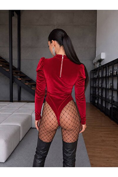 Friday Mood Broş Detaylı Cut-Out Kadife Bodysuit