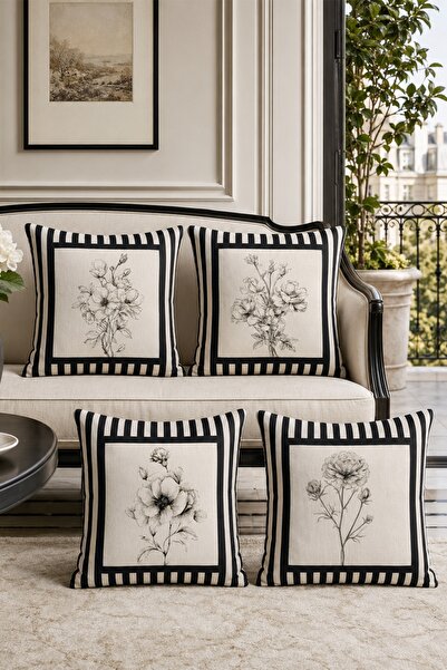 EVPANYA Black and White Floral Patterned 4-Piece Throw Pillow Cover Set