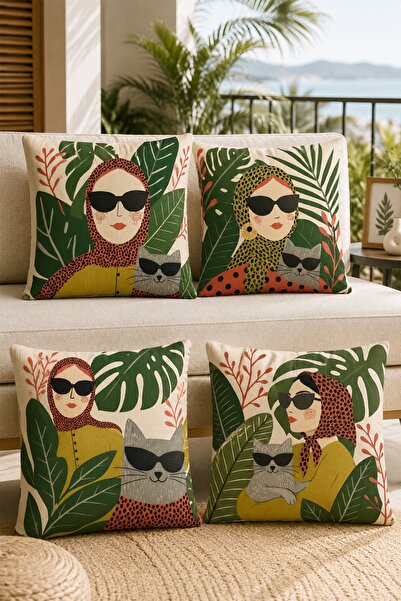 EVPANYA Set of 4 Pillow Covers with Glasses-Wearing Woman and Cat Pattern
