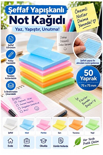 Artlantis Yapışkanlı Şeffaf Not Kağıdı 250 Yaprak 5 Renk Kare Transparan Post...