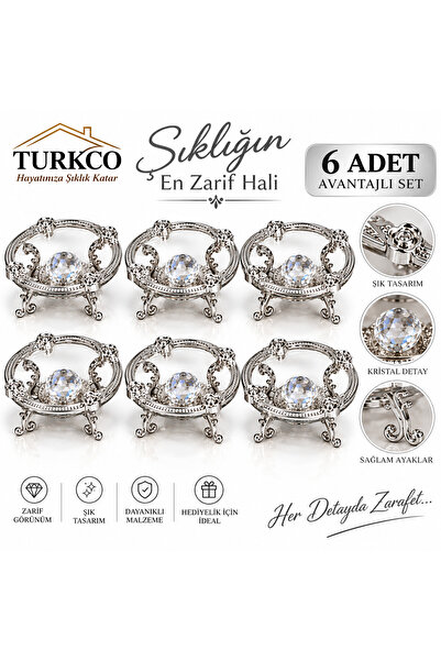 Turkco Gül Çerçeveli Kristal Taşlı Cam Yüzeyli Ayaklı Lokumluk 6’lı Set Kahve Yanı İkramlık Çikolatalık Söz Nişan Yüzüklük