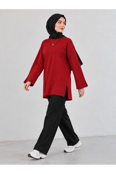 Warasiva Women's Red Oversize Modal Fabric Slit Detailed Crew Neck Hijab Tunic