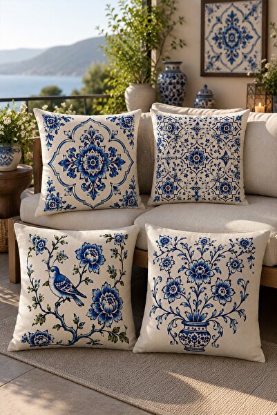 EVPANYA Blue Flowers and Birds Patterned 4-Piece Throw Pillow Cover Set