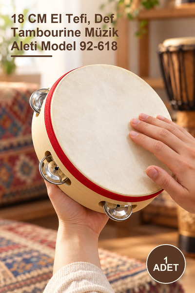Yenilig 1 Adet Ahşap Tef – 18 CM El Tefi, Def Tambourine Müzik Aleti Model 92-618