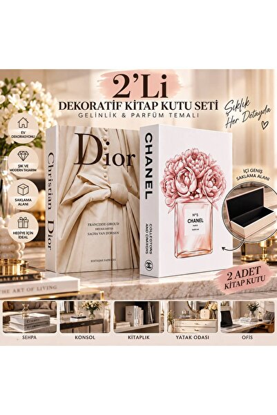 2’li Dekoratif Kitap Kutu Gelinlik ve Parfüm Temalı Dekoratif Kutu Seti – Şık Ev ve Salon Dekoru