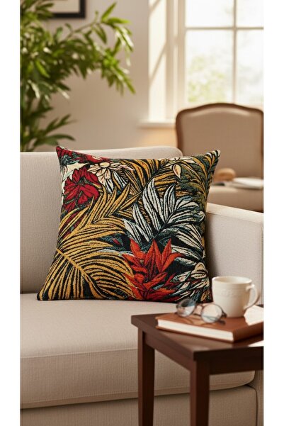 Tropik Desenli Dokuma Kumaş Premium Dolgulu Kırlent 45x45