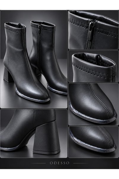 ODESSO Women's Black 5 cm Block Heeled, Blunt Toe, Zippered, Stylish Socket Boots