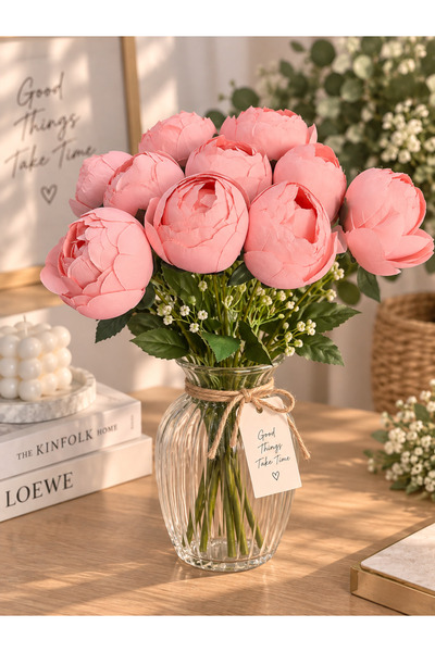 Yapay Çiçek 10lu ipek Peony Şakayık Gül Demeti Pembe