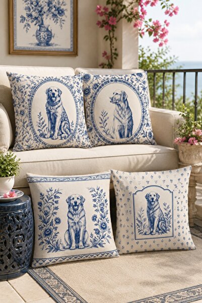 EVPANYA Blue Dogs Patterned 4-Piece Throw Pillow Cover Set