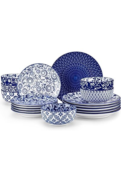 Vancasso Selene Dinner Sets for 6 People, 18 Pieces Vintage Blue Porcelain Pl...